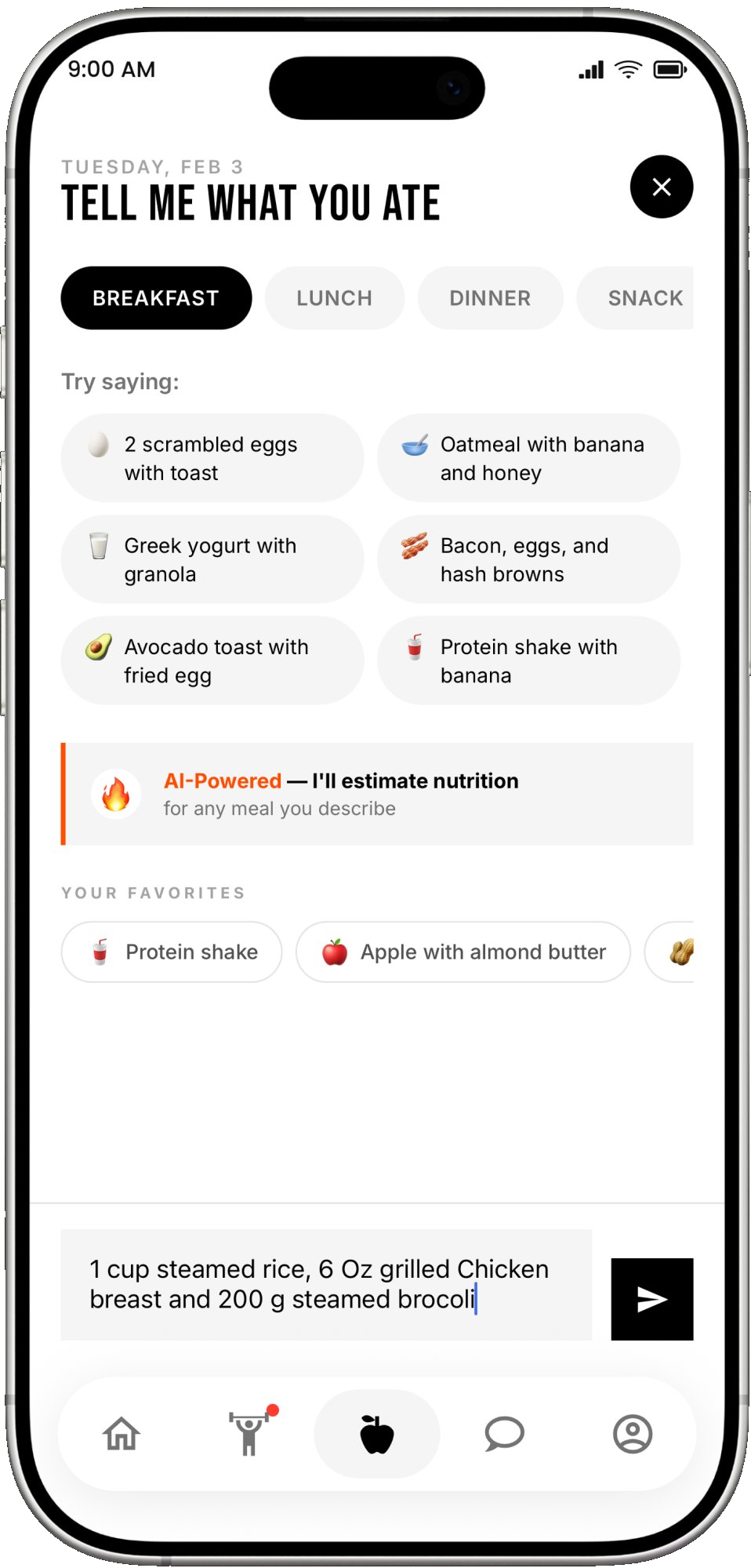 AI fitness coach natural language meal logging nutrition tracking conversation interface